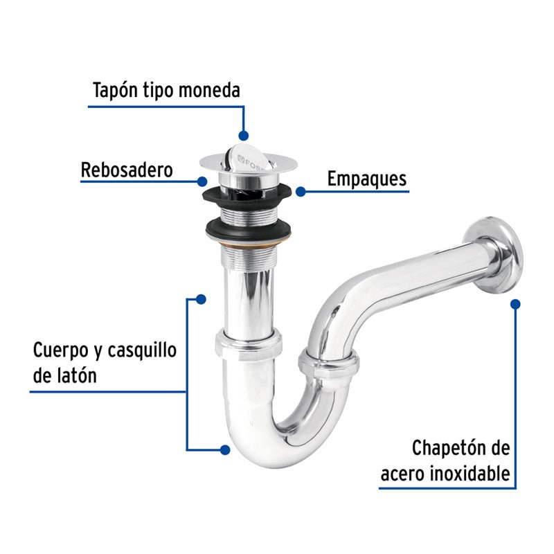 Céspol para lavabo de 1 1/4" de latón cromado, 49337 Foset CE 208 - Tool Ferreterías / Ferretodo - Herramientas y material de construcción.
