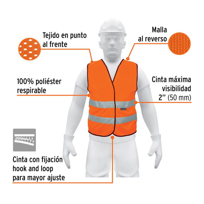 Chaleco de seguridad naranja con cintas de alta visibilidad, 14426 Truper CHS - 500N - Tool Ferreterías / Ferretodo - Herramientas y material de construcción.