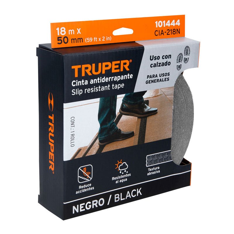 Cinta antiderrapante negra de 18 mm x 50 mm con abrasivo, 101444 Truper CIA 218N - Tool Ferreterías / Ferretodo - Herramientas y material de construcción.