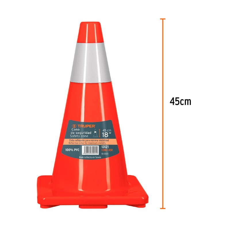 Cono de precaución de 45 cm de PVC con reflejante, 13121 Truper CONO45R - Tool Ferreterías / Ferretodo - Herramientas y material de construcción.