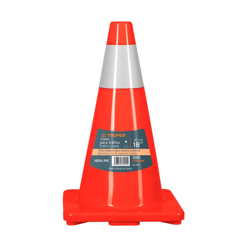 Cono de precaución de 45 cm de PVC con reflejante, 13121 Truper CONO45R - Tool Ferreterías / Ferretodo - Herramientas y material de construcción.
