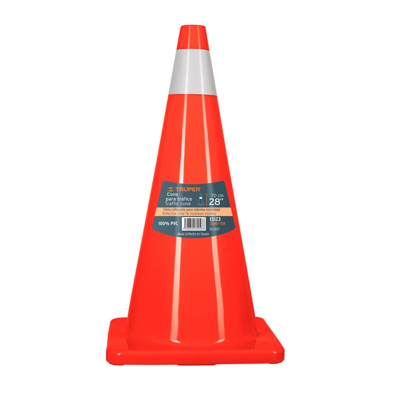 Cono de precaución de 70 cm de PVC con reflejante, 13123 Truper CONO70R - Tool Ferreterías / Ferretodo - Herramientas y material de construcción.