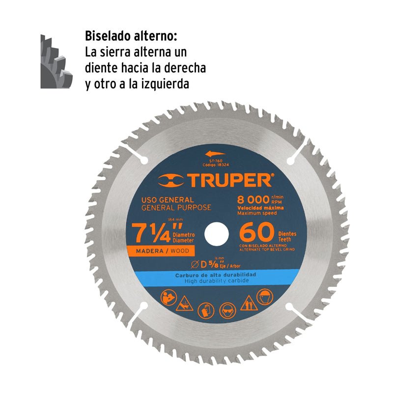 Disco sierra de 7 1/4" para madera, 60 dientes centro 5/8", 18324 Truper ST - 760 - Tool Ferreterías / Ferretodo - Herramientas y material de construcción.