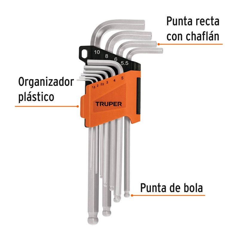 Juego 10 llaves allen largas mm punta bola con organizador, 13644 Truper ALLX 10M - Tool Ferreterías / Ferretodo - Herramientas y material de construcción.