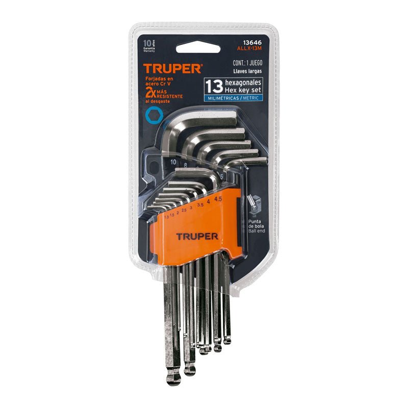Juego 13 llaves allen largas mm con punta bola, con organizador, 13646 Truper ALLX 13M - Tool Ferreterías / Ferretodo - Herramientas y material de construcción.