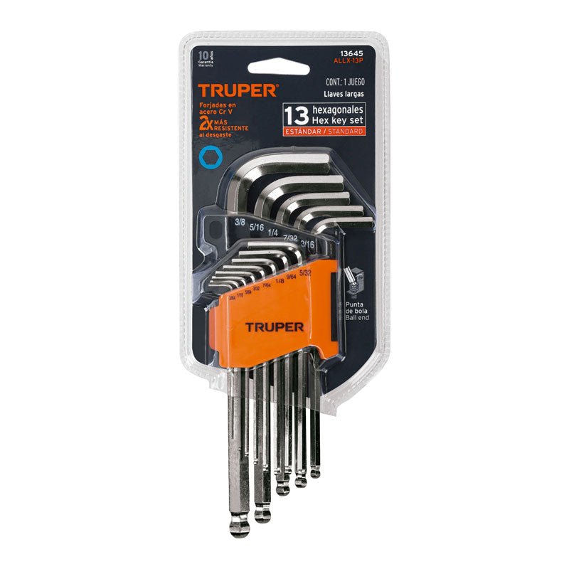 Juego 13 llaves allen largas std punta bola con organizador, 13645 Truper ALLX 13P - Tool Ferreterías / Ferretodo - Herramientas y material de construcción.