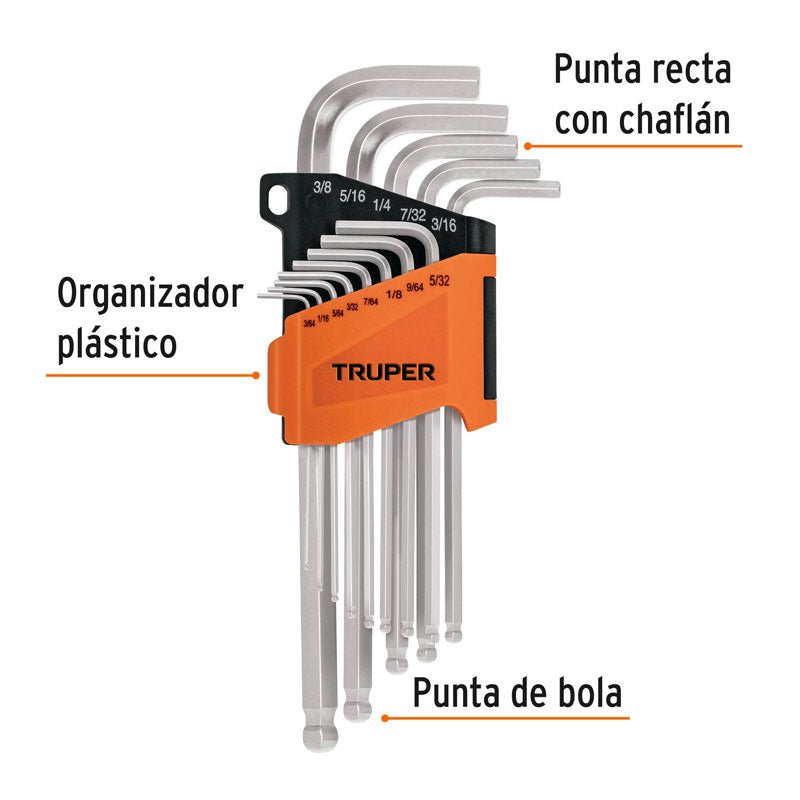 Juego 13 llaves allen largas std punta bola con organizador, 13645 Truper ALLX 13P - Tool Ferreterías / Ferretodo - Herramientas y material de construcción.