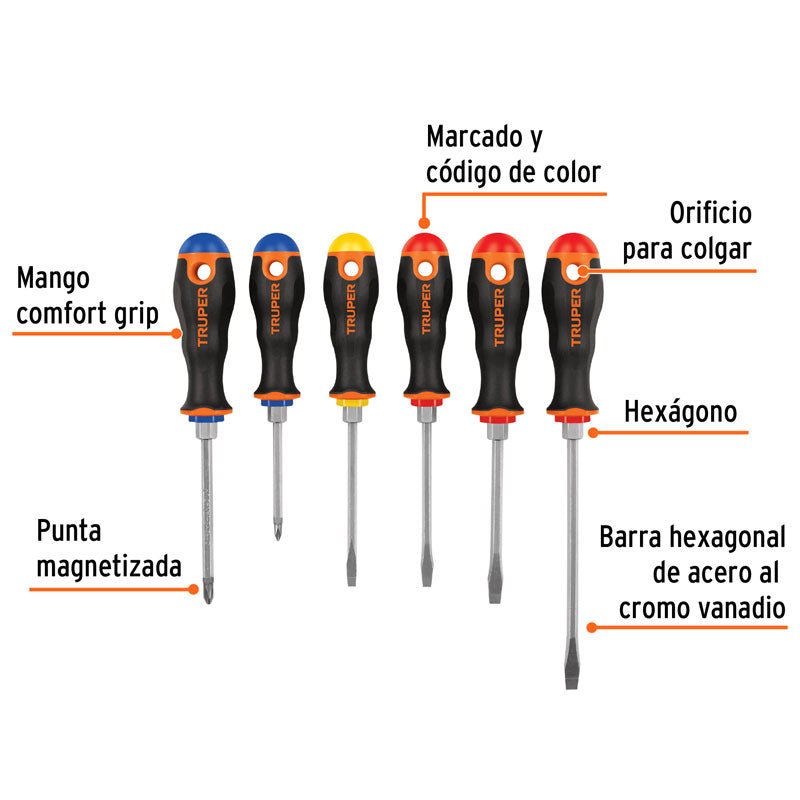Juego de 6 desarmadores mango Comfort Grip, 19621 Truper DTJ 6B - Tool Ferreterías / Ferretodo - Herramientas y material de construcción.