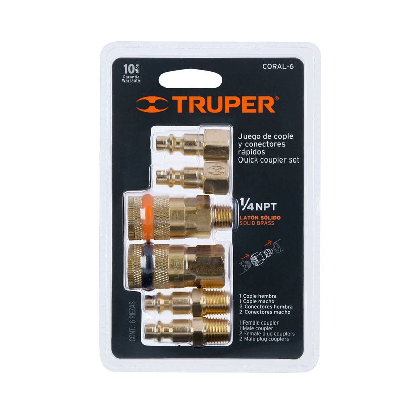 Juego de 6 piezas, coples y conectores rápidos de latón, 18075 Truper CORAL6 - Tool Ferreterías / Ferretodo - Herramientas y material de construcción.