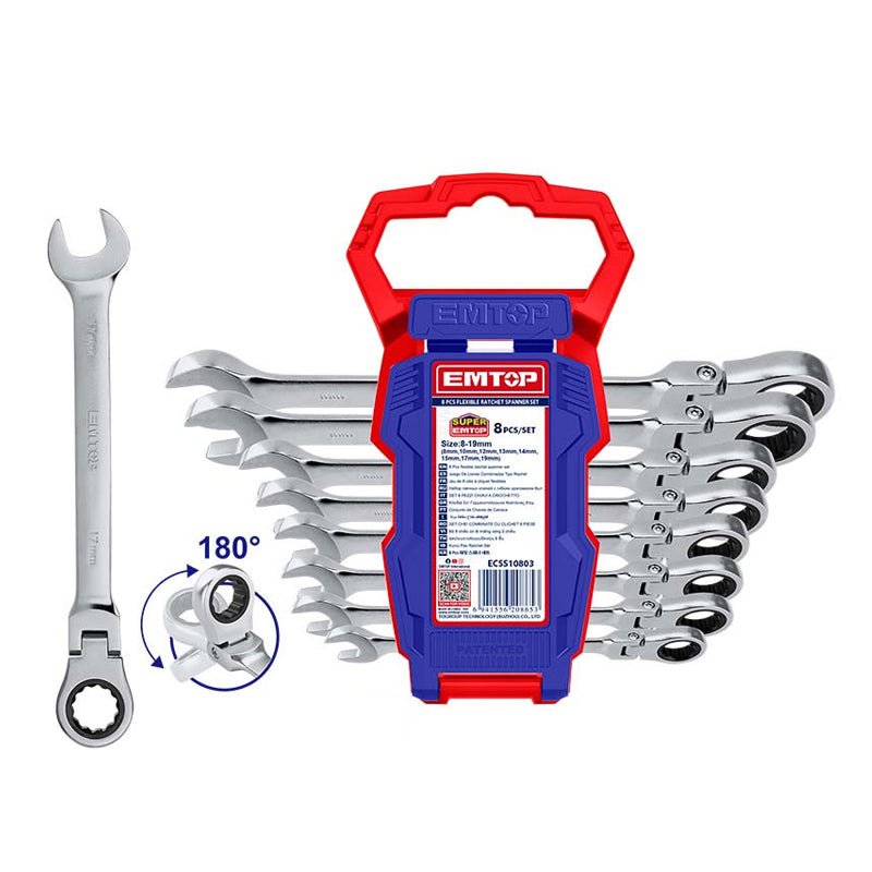 Juego de 8 llaves combinadas con matraca de 8 - 19 mm, Cr - V, ECSS10803 Emtop - Tool Ferreterías / Ferretodo - Herramientas y material de construcción.