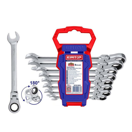 Juego de 8 llaves combinadas con matraca de 8 - 19 mm, Cr - V, ECSS10803 Emtop - Tool Ferreterías / Ferretodo - Herramientas y material de construcción.