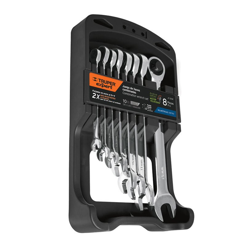 Juego de 8 llaves combinadas mm pulidas con matraca, 15816 Truper Expert JC 8XM - Tool Ferreterías / Ferretodo - Herramientas y material de construcción.