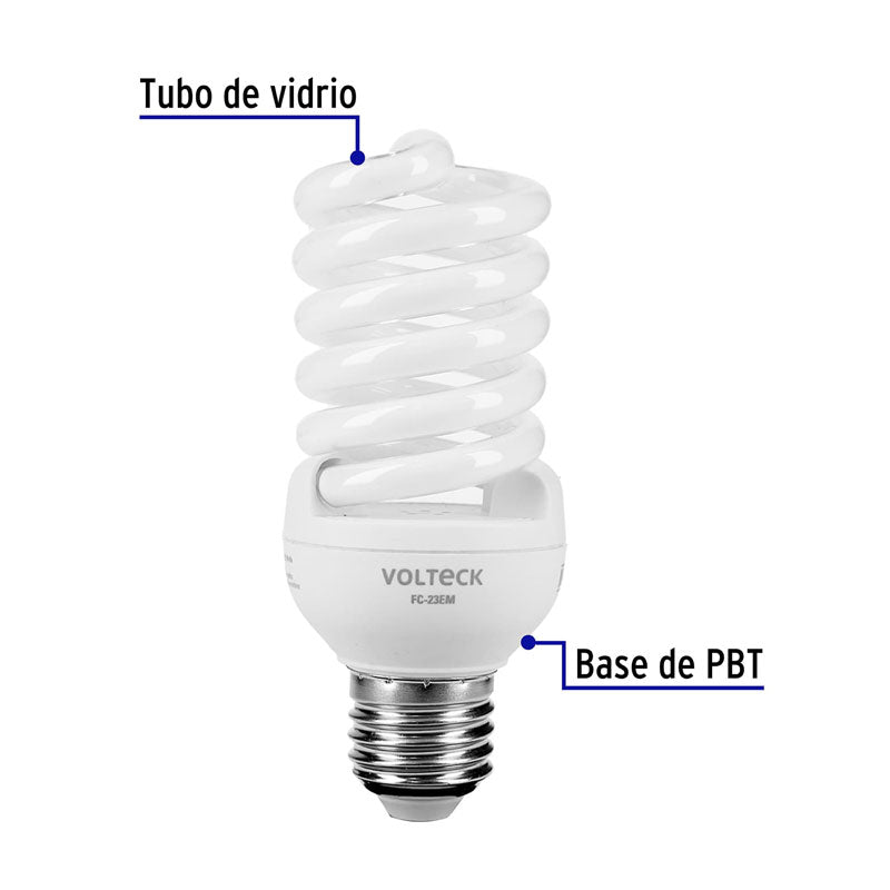Lámpara espiral mini T2 de 23 W, luz cálida, 46839 Volteck FC23EM - Tool Ferreterías / Ferretodo - Herramientas y material de construcción.
