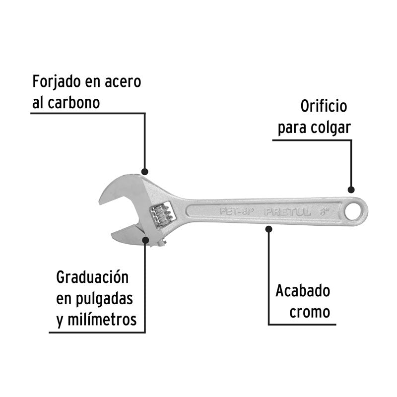Llave ajustable (perico) de 8" cromada, 21815 Pretul PET 8P - Tool Ferreterías / Ferretodo - Herramientas y material de construcción.