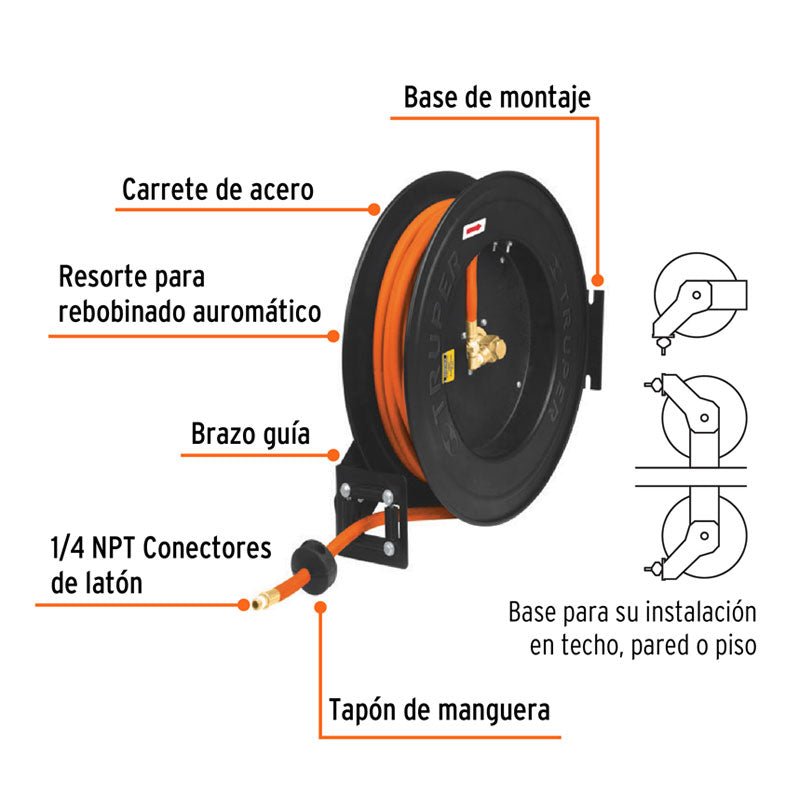 Manguera para compresor de hule de 15 m x 3/8", carrete retráctil, 10388 Truper CAMAI 15 - Tool Ferreterías / Ferretodo - Herramientas y material de construcción.