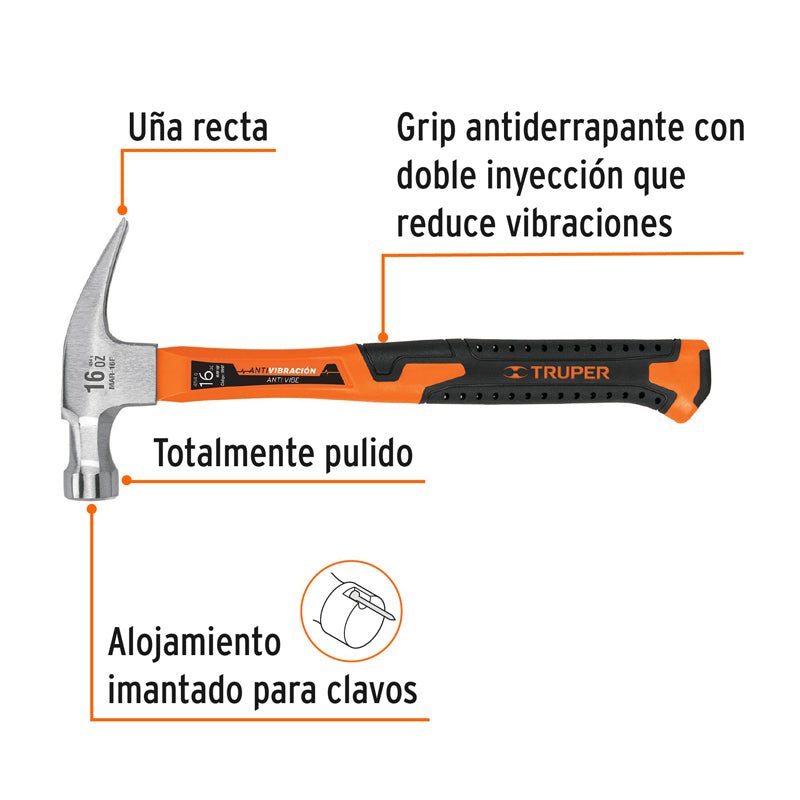 Martillo de 16 oz con uña recta con mango fibra de vidrio, 19997 Truper MAR 16F - Tool Ferreterías / Ferretodo - Herramientas y material de construcción.
