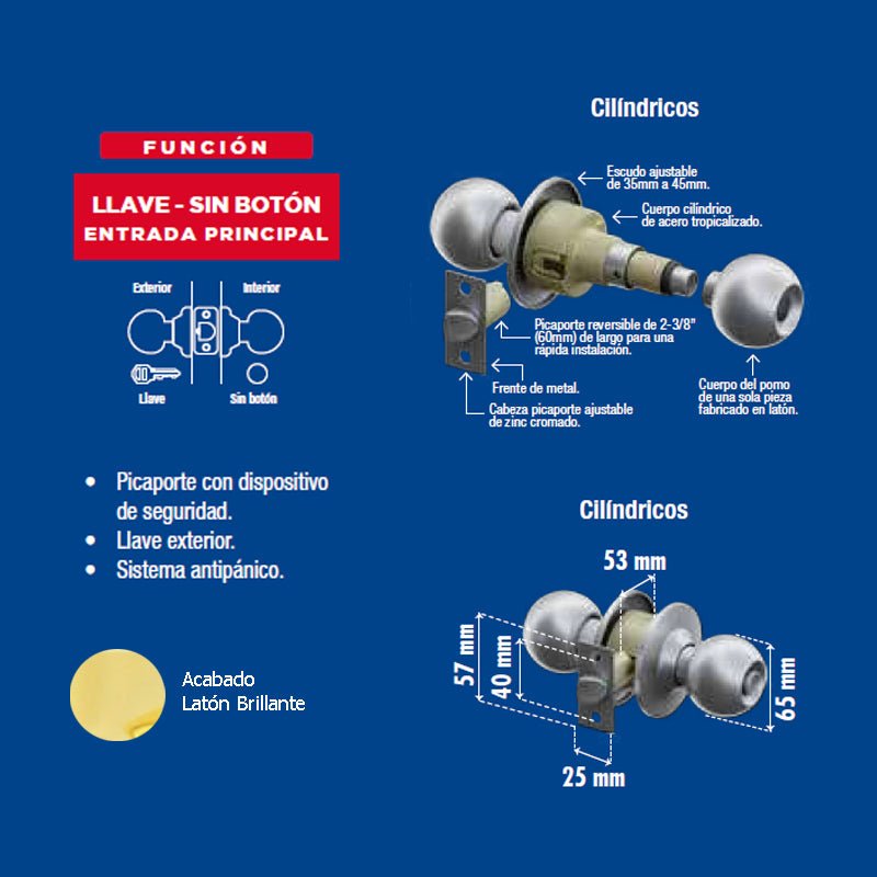 Perilla Yale Ball Entrada Latón Brillante Mx80051 - Tool Ferreterías / Ferretodo - Herramientas y material de construcción.