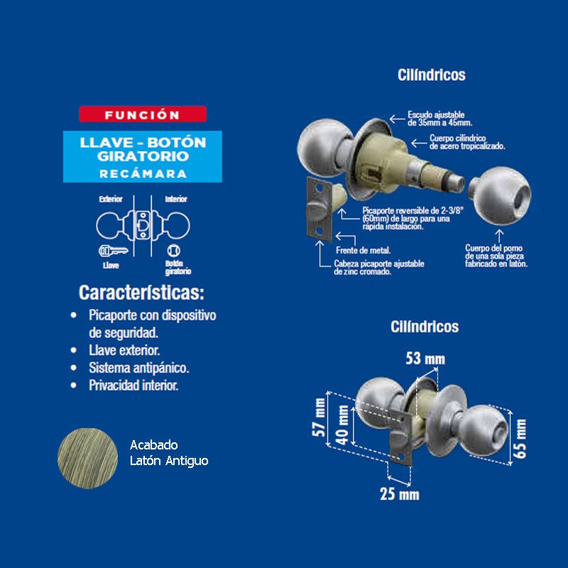 Perilla Yale Ball Recamara Latón Antiguo Mx80034 - Tool Ferreterías / Ferretodo - Herramientas y material de construcción.
