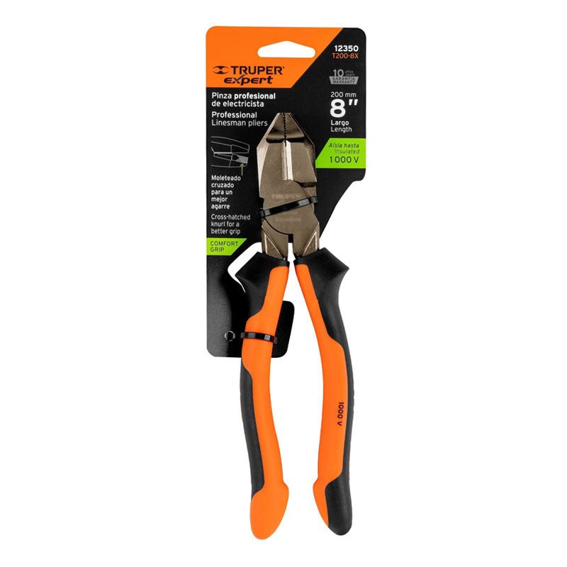 Pinza electricista de 8" uso rudo, alta palanca, Comfort Grip, 12350 Truper Expert T200 8X - Tool Ferreterías / Ferretodo - Herramientas y material de construcción.