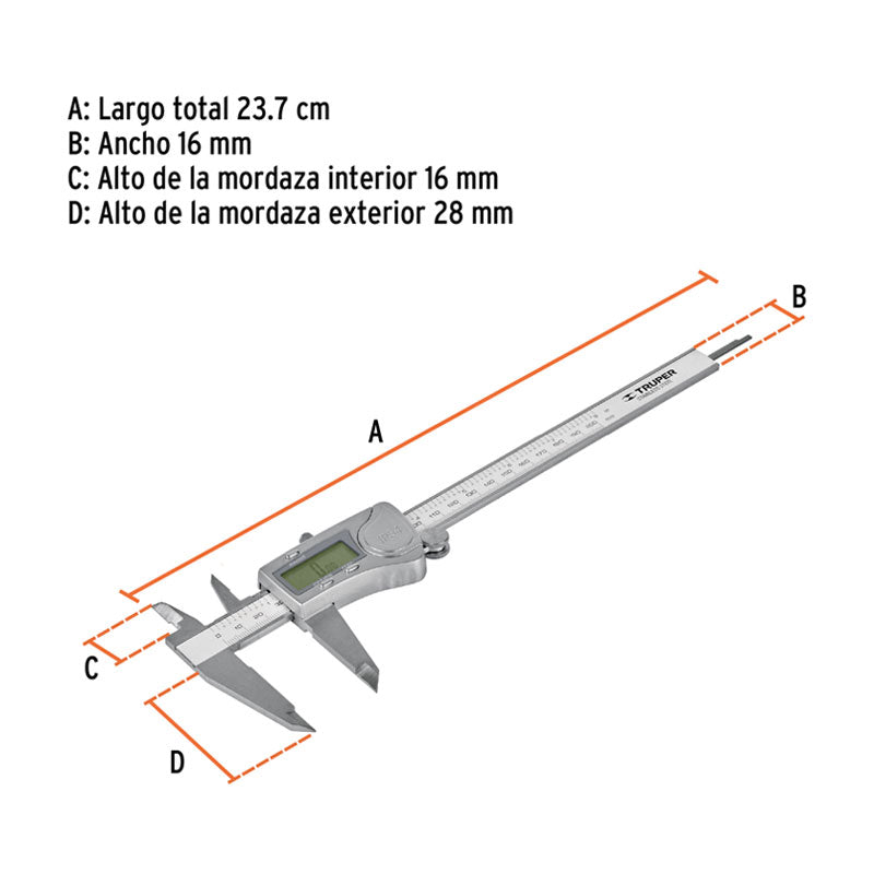 Calibrador Vernier Digital 6" Acero Inox, Std Y Mm, Truper