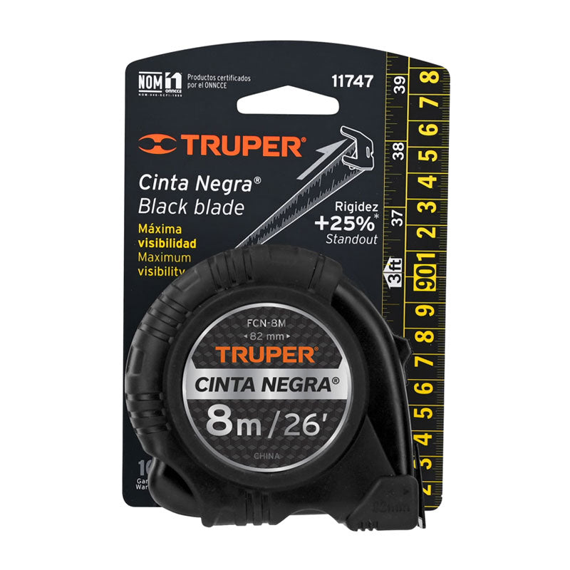 Flexómetro Contra Impactos Cinta Negra X Ancha 27 Mm 8 M