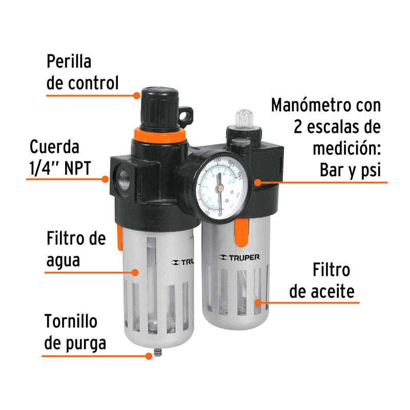 Filtro Y Regulador De Aire Con Módulo De Lubricación, 19238 Truper Unill1/4